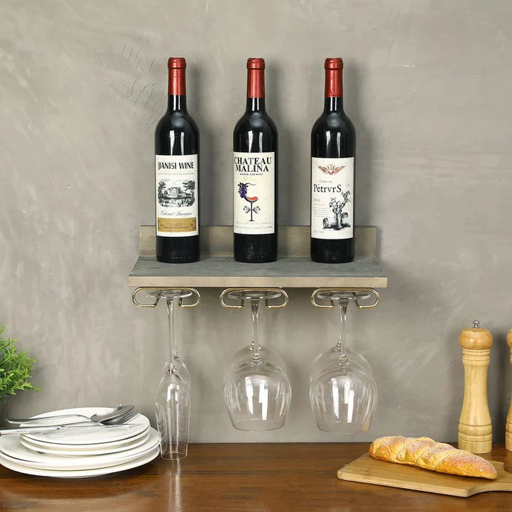 Wall Mounted Gray Wood Kitchen Floating Shelf with Brass Metal Wine Glass Stemware Holder Rack
