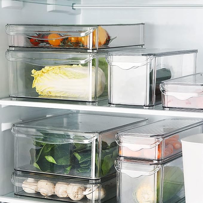 Fridge Organizers And Storage with Lids 4 Pack, Food Fruit Vegetable Storage Bin Stackable Fridge Organizer Refrigerator Storage Containers - Shelf, Pantry Cabinet
