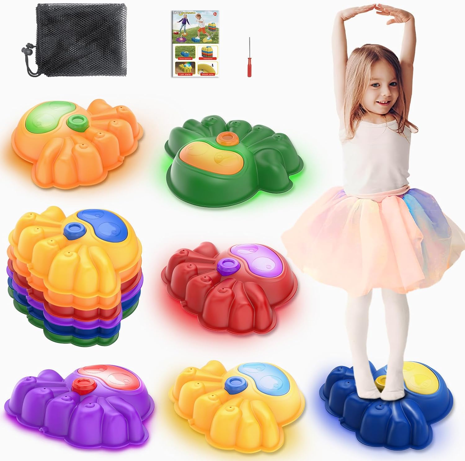 WELIN Balance Stepping Stones for Kids, 6pcs Crossing River Octopus Stone with Light, Indoor Outdoor Fitness Equipment, Balance Training Toy Obstacle Course, Birthday Gifts for Boys Girls Ages 3+