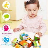 Wooden Puzzles for Kids, 6 in 1 Puzzle Animals 3D Cube Building Block Montessori Games Preschool Educational Toy