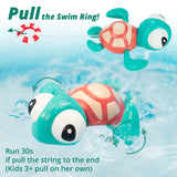 DUCKBOXX XX Pull-String Swimming Sea Friends Bath Toy, No Battery Mold-Free Anti-Rust Interactive Montessori Toy for Kids (Turtle with Swim Ring)