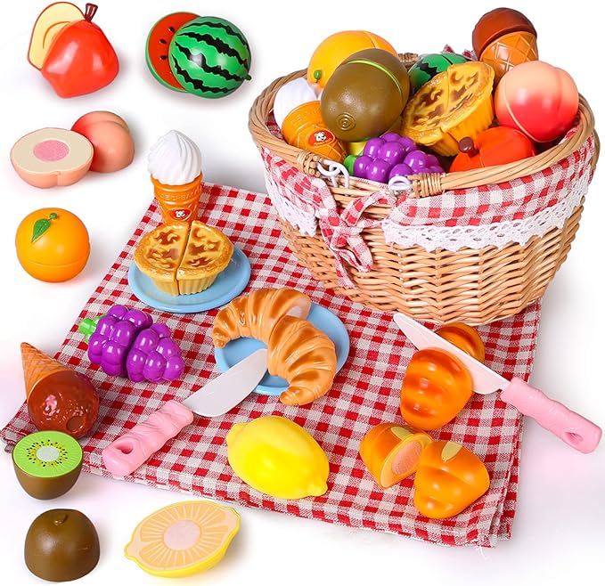 19 PCS Pretend Cutting Food Toys with Dessert and Fruit,Play Food Set with Picnic Basket and Mat,Play Kitchen Toys Playset for Children,Educational Toys T16