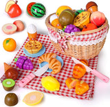19 PCS Pretend Cutting Food Toys with Dessert and Fruit,Play Food Set with Picnic Basket and Mat,Play Kitchen Toys Playset for Children,Educational Toys T16