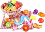 19 PCS Pretend Cutting Food Toys with Dessert and Fruit,Play Food Set with Picnic Basket and Mat,Play Kitchen Toys Playset for Children,Educational Toys T16