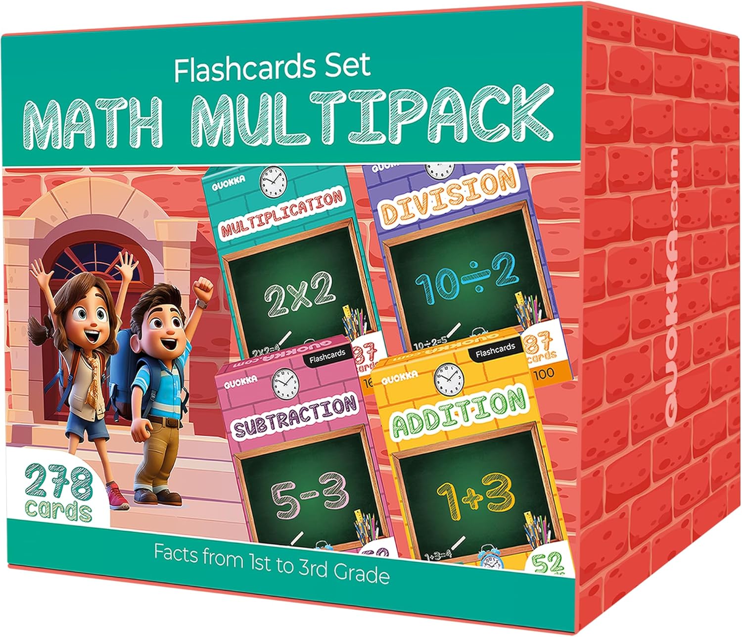 QUOKKA Vine Set of 4 Learning Flash Cards - Math Multipack - 278 Cards - from 1st to 3rd Grade | Multiplication | Division | Substruction | Addition