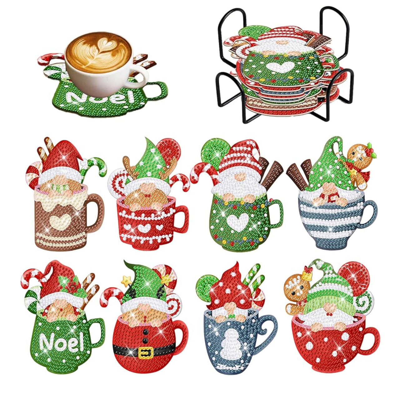Christmas Diamond Painting Coasters for Drinks, 8 PCS Diamond Art Kits for Adults, DIY Santa Claus Craft Coaster with Holder for Christmas (Style 1)