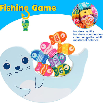 Wooden Magnetic Fishing Games for Kids 3D Fish Catching Counting Preschool Board Games Wooden Lacing Beads Montessori Toys for 2 3 4 5 6 Years Old Toddlers Boys and Girls 18PCS