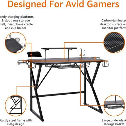 NEW, AMAZON BASICS Gaming Computer Desk with Storage, BLACK