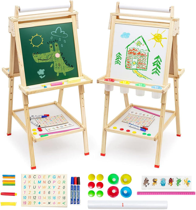 Arkmiido Kids Easel with Paper Roll, Height Adjustable Stand Board, Double-sided Magnetic board, Children Wooden Blackboard with Numbers and Other Accessories Gift for Boys and Ggirls