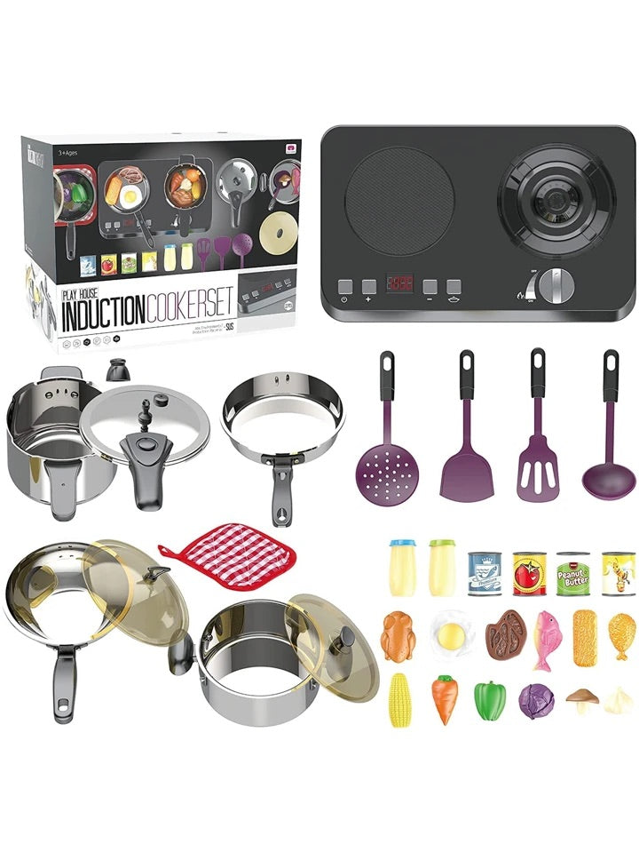 Eating Cooking Toys for Kids Toys Pretend Play Kitchen Accessories Stainless Steel Cookware Toy, Induction Cooker with Sound and Light T92