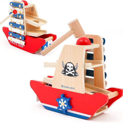 NUKied Montessori Toy from 3 Years, Xylophone and Hammer Game Toy from 2 Years, Model of a Pirate Ship Wooden Toy, Montessori Educational Toy for Girls Boys from 2 3 4 5 Years
