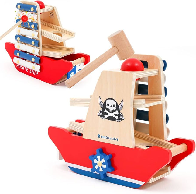 NUKied Montessori Toy from 3 Years, Xylophone and Hammer Game Toy from 2 Years, Model of a Pirate Ship Wooden Toy, Montessori Educational Toy for Girls Boys from 2 3 4 5 Years