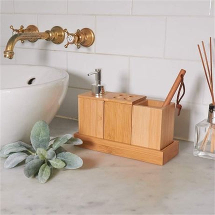 CIRCOA Bamboo Caddy Timber Soap Dispenser Toothbrush Holder Set