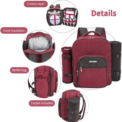 ARKMIIDO 4-Person Picnic Backpack with Cooling Compartment, RED