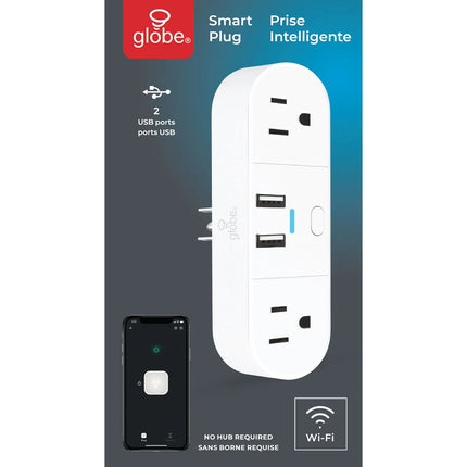 Globe Wi-fi Smart 2 Outlet Plug With USB Ports, 15 Amp, Non-independent Controlled