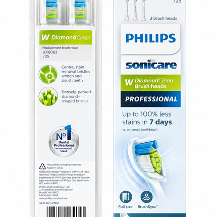 Philips Sonicare W DiamondClean Standard Sonic 3 Pack Toothbrush Heads HX6063/25