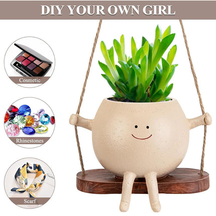 LASTOOLS Swing Face Planter Pot Hanging Planters for Indoor Outdoor Wall Plants with Drainage Cute Resin Flower Head Plant Pots for Succulent Cactus, Gifts for Mother Christmas