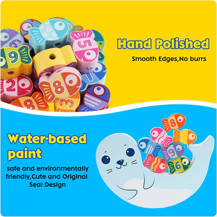 Wooden Magnetic Fishing Games for Kids 3D Fish Catching Counting Preschool Board Games Wooden Lacing Beads Montessori Toys for 2 3 4 5 6 Years Old Toddlers Boys and Girls 18PCS