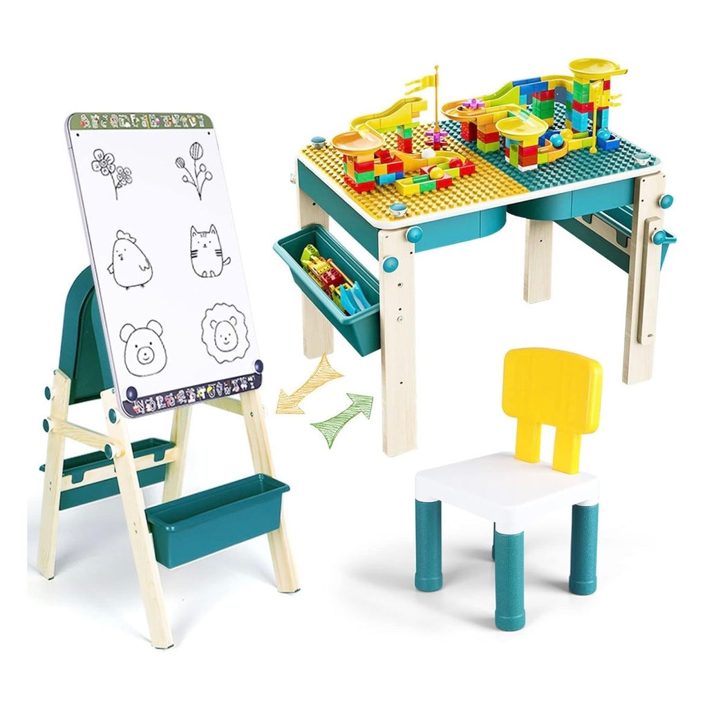 Children's Activity Play Tables with Easel, Storage, and Chair, 8-in-1 Multi-Building Block Table Desk for Toddlers that Transforms into a Board