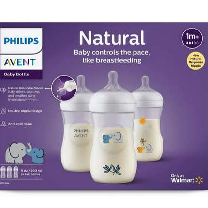 Philips Avent Natural Baby Bottle With Natural Response Nipple, With Blue Elephant Design, 9oz, 3 pack, SCY903/63