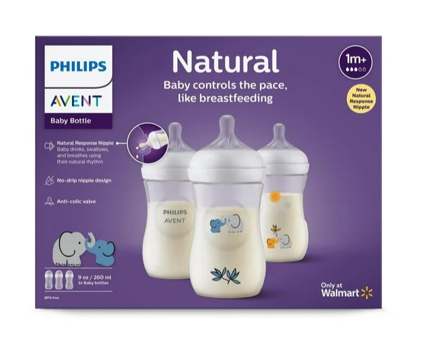 Philips Avent Natural Baby Bottle With Natural Response Nipple, With Blue Elephant Design, 9oz, 3 pack, SCY903/63