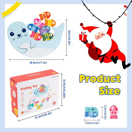 Wooden Magnetic Fishing Games for Kids 3D Fish Catching Counting Preschool Board Games Wooden Lacing Beads Montessori Toys for 2 3 4 5 6 Years Old Toddlers Boys and Girls 18PCS