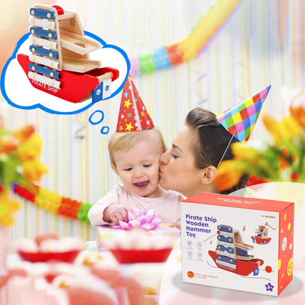NUKied Montessori Toy from 3 Years, Xylophone and Hammer Game Toy from 2 Years, Model of a Pirate Ship Wooden Toy, Montessori Educational Toy for Girls Boys from 2 3 4 5 Years
