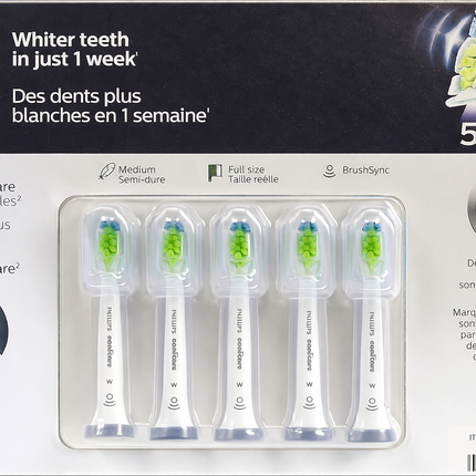 Philips Sonicare W DiamondClean HX6066 Replacement Brush Heads, 5 Full Size Medium Brush Heads - 1 Pack