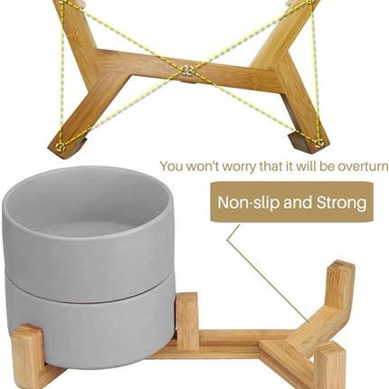 NEW, AOOTK Double Ceramic Non-Slip Dog/Cat Bowls with Wood Stand