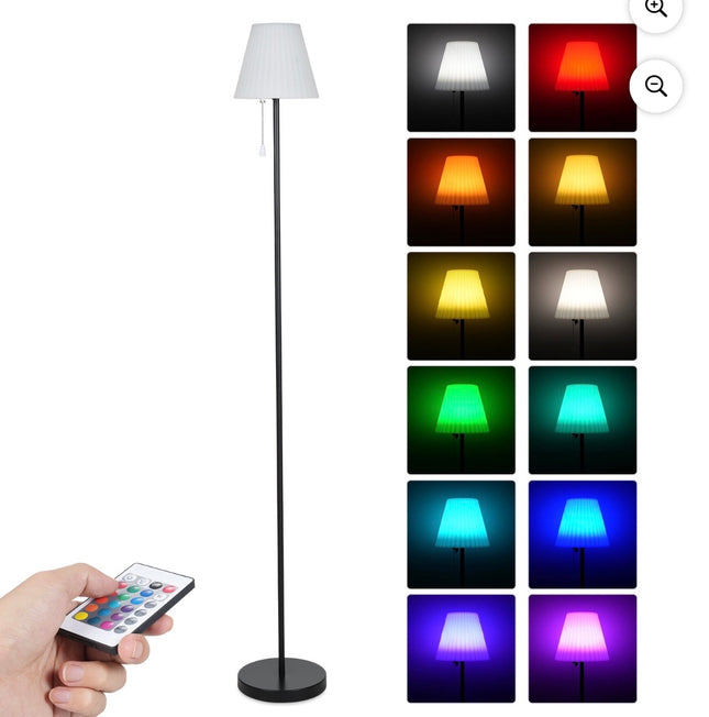 IP65 Waterproof Solar & Type-C Rechargeable RGBW Floor Lamp with Detachable Pole - 16 Colors, 4 Dynamic Modes, 5 Brightness Levels, 2000mAh Battery, Remote & Pull Chain Control, White Pleated Shade,