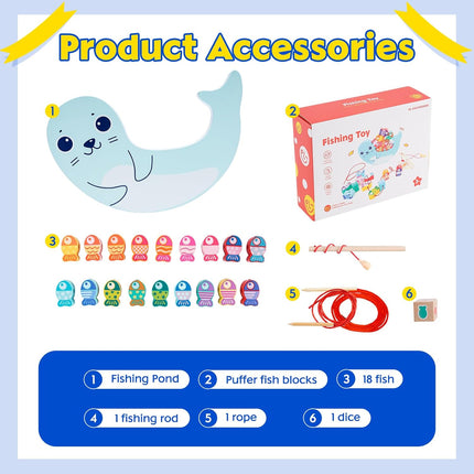 Wooden Magnetic Fishing Games for Kids 3D Fish Catching Counting Preschool Board Games Wooden Lacing Beads Montessori Toys for 2 3 4 5 6 Years Old Toddlers Boys and Girls 18PCS