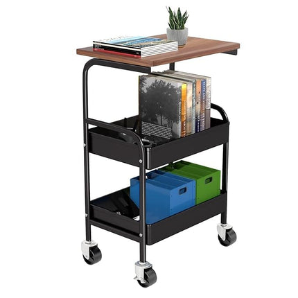 PRENSYA 3 Tier Rolling Storage Cart with Wooden Tabletop, Heavy Duty Metal Utility Trolley with Lockable 360° Wheels, Mobile Organizer for Kitchen, Bathroom, Office, Laundry, Bedroom, Study Room Black