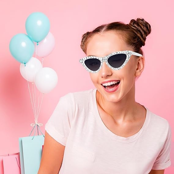 JUSTOTRY 1 pcs Heart Birthday Sunglasses for Birthday Decorations Women and Birthday Party Favors,White Birthday Glasses with Rhinestone for Happy Birthday Gifts for Women