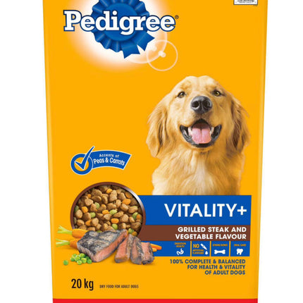 Pedigree Vitality+ Grilled Steak & Vegetable Flavour Dry Dog Food– 20kg bag (bb Feb 2025)