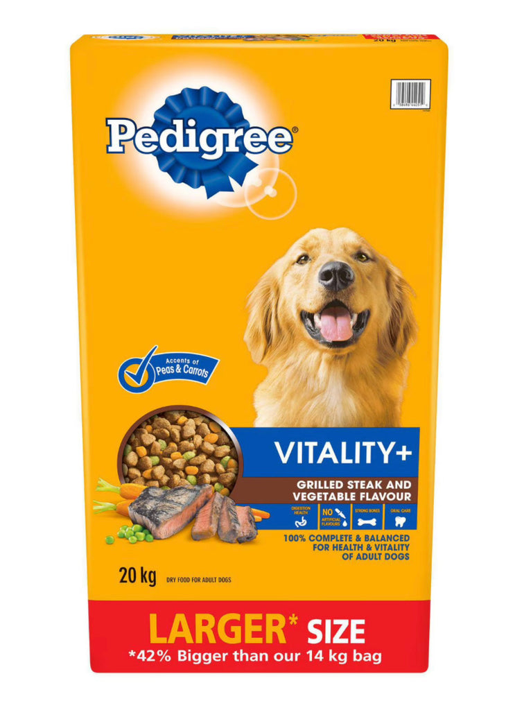 Pedigree Vitality+ Grilled Steak & Vegetable Flavour Dry Dog Food– 20kg bag (bb Feb 2025)