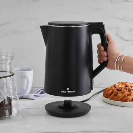 West Bend Electric Kettle Cordless Serving Features Stainless Steel Interior Boil Dry Protection and Auto Shut Off, 1.5-Liter, Blackboard