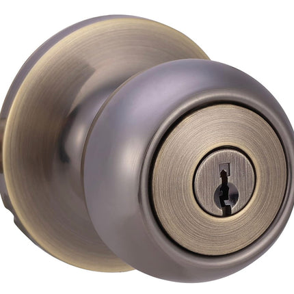 Amazon Basics Exterior Door Knob With Lock, Coastal, Antique Brass
