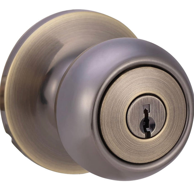 Amazon Basics Exterior Door Knob With Lock, Coastal, Antique Brass