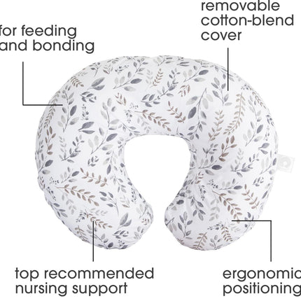 Boppy Nursing Pillow Original Support, Gray Taupe Leaves, Ergonomic Nursing Essentials for Bottle and Breastfeeding, Firm Fiber Fill, with Removable Nursing Pillow Cover, Machine Washable