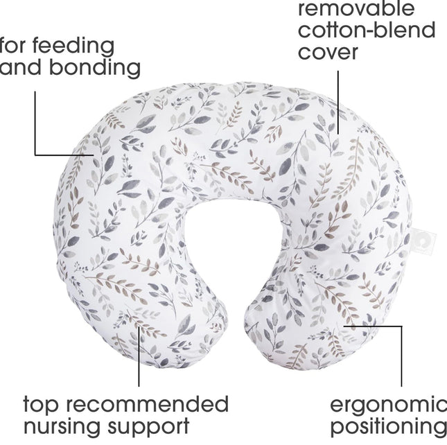 Boppy Nursing Pillow Original Support, Gray Taupe Leaves, Ergonomic Nursing Essentials for Bottle and Breastfeeding, Firm Fiber Fill, with Removable Nursing Pillow Cover, Machine Washable