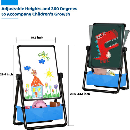 Kids Art Easel Double Sided Whiteboard &Chalkboard Height Adjustable U-Stand 360° Rotating with Early Learning Accessories (Black)
