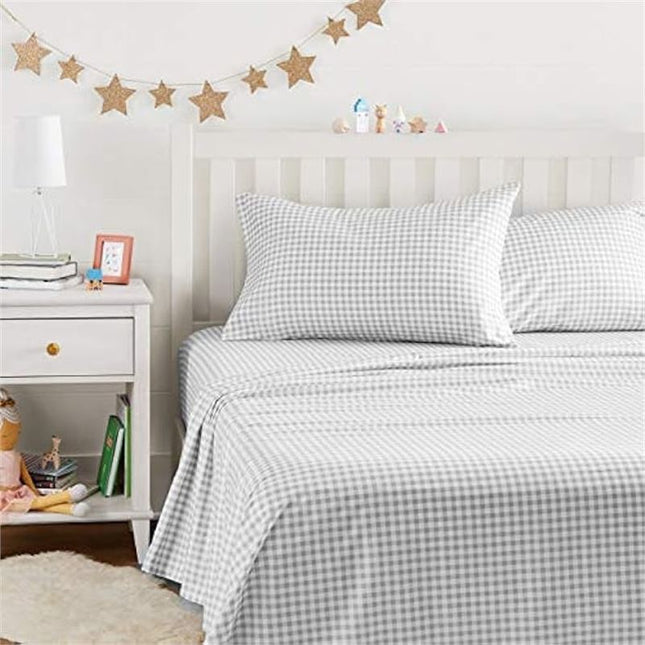 Amazon Basics Kid's Sheet Set - Soft, Easy-Wash Lightweight Microfiber - Full, GINGHAM GREY 54XB
