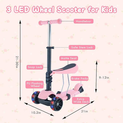 Kids Scooter,Toddler Scooter for Kids 2-5 Years Old,Adjustable Height and Removable Seat,with 3 LED Wheel Outdoor Activities T110
