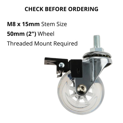 WYZBEN 4 Pack M8 x 15mm Threaded Stem Transparent PU Swivel Wheel Casters with Brakes for Office Chair, Cabinet, Cart, Trolley, Shelving & Furniture