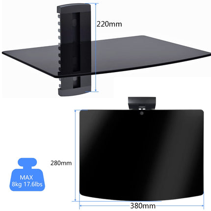Suptek Single Black Floating Shelf with Strengthened Tempered Glass for DVD Players/Cable Boxes/Games Consoles/TV Accessories 1/one Shelf, Black CS201
