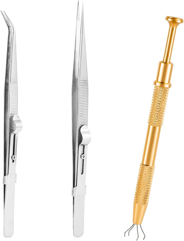 3pcs Gripper Tool, Premium Aluminum Alloy Chip Pickup Tool & 2pcs Tweezers Piercing Ball Tool Piercing Claw Tools