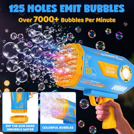 Bubble Machine Gun for Kids Toddlers, Upgraded 125-Hole Bubble Blaster with Bubble Solution & Led, Bubble Bazooka Guns for Wedding Outdoor Party Birthday Beach Toddlers Boys Girls, Blue
