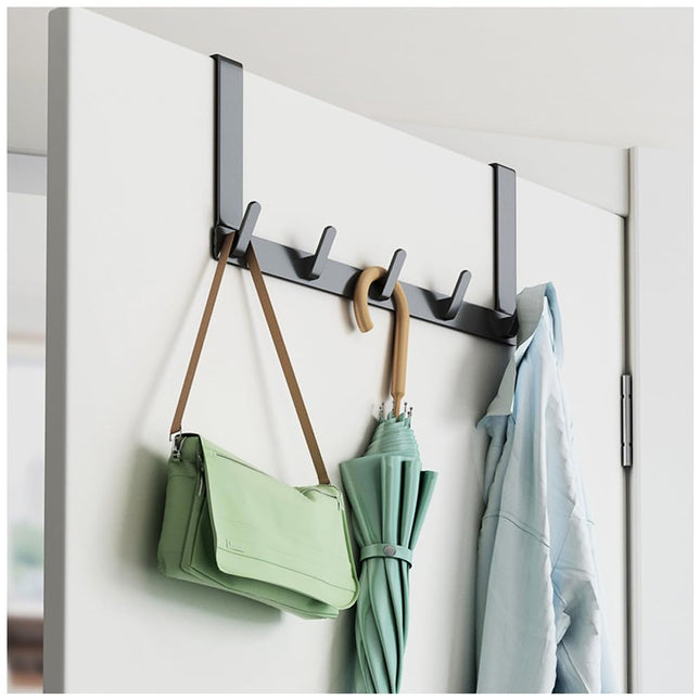 Over The Door Hooks Hanger with Long Arms, Door Hanger with 5 Coat Hooks, Aluminum Towel Holder for Bathroom, Heavy Duty Coat Rack for Hanging Key Clothes Hat Towel Jacket (Black)