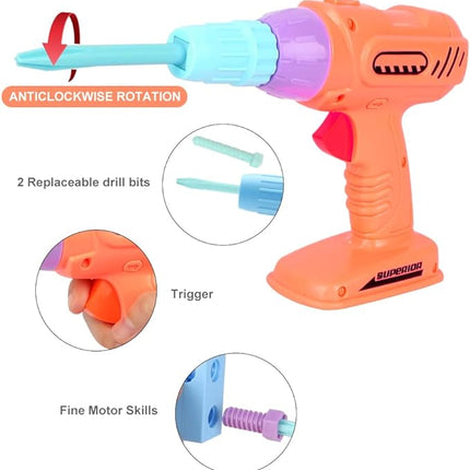 Bee bee Run 79PCS Kids Tool Set with Tool Box & Electronic Toy Drill, Pink STEM Pretend Play Tool Toy T20