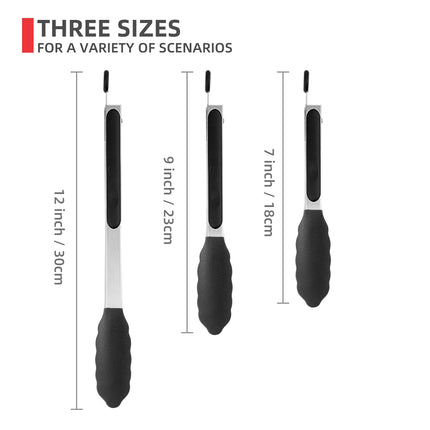 Cukitish 3-PIECE Stainless Steel Kitchen Tongs with Silicone Tips, SIZES, 18, 23, 30cm